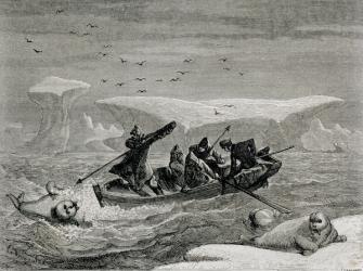 Hunting Walrus with Harpoons in the Spitsbergen Islands, Svalbard archipelago, illustration from 'The Return to the World', 1865 (engraving) | Obraz na stenu