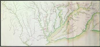 General map of the camps and marche of the army in America on the orders of Rochambeau, detail of the left side, from 'Guerre de l'Amerique', c.1780-81 (colour engraving) (see also 440787) | Obraz na stenu