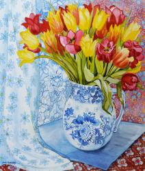 Red and yellow tulips in a Copeland jug (w/c on hand-made paper) | Obraz na stenu