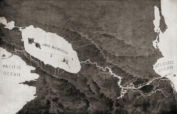 An 1870 map showing the proposed route of the The Nicaraguan Canal, a planned shipping route through Nicaragua to connect the Caribbean Sea, and therefore the Atlantic Ocean, with the Pacific Ocean. From The History of Our Country, published 1900. | Obraz na stenu