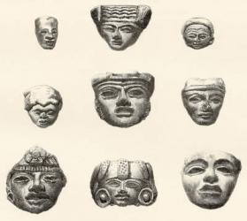 Stone heads and masks found at Teotihuacan, Mexico by Desir̩ Charnay during his expedition in 1880/1883 (engraving) | Obraz na stenu