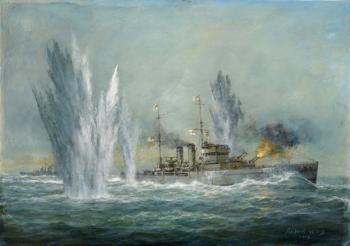 HMS Exeter engaging in the Graf Spree at the Battle of the River Plate, 2009 (oil on canvas) | Obraz na stenu