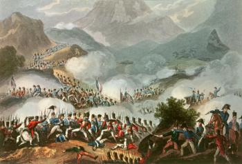 Battle of the Pyrenees, 28th July, 1813, from 'The Martial Achievements of Great Britain and her Allies from 1799 to 1815', by James Jenkins, engraved by Thomas Sutherland (b.c.1785) (coloured engraving) | Obraz na stenu