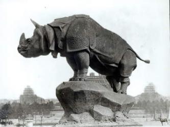 Rhinoceros, 1878, by Alfred Jacquemart (1824-96) in front of the Trocadero Palace, constructed for the Universal Exposition (1878), Paris, 1888 (b/w photo) | Obraz na stenu