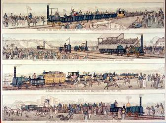 The opening of the Stockton and Darlington railroad, 1825; Locomotive race at Rainhill, near Liverpool, won by George Stephenson's 'Rocket', 1829; a first class train on the Liverpool and Manchester Railway, 1833; a second class train on the Liverpool and | Obraz na stenu