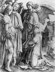 Saint kneeling before angels (engraving) (b/w photo) | Obraz na stenu