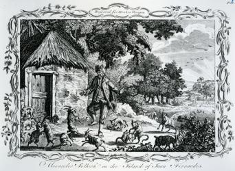 Alexander Selkirk on the Island of Juan Fernandes, published in 'Drakes Voyages', 1780 (engraving) | Obraz na stenu