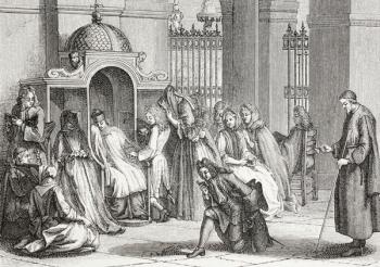 People in church gathered around the priest, waiting to make their confession, after a work by Bernard Picart, from 'XVIII Siecle Institutions, Usages et Costumes', published 1875 (litho) | Obraz na stenu