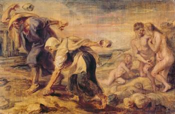 Deucalion and Pyrrha Repeople the World by Throwing Stones Behind Them, c.1636 (oil on canvas) | Obraz na stenu