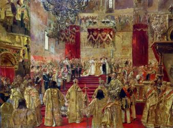 Study for the Coronation of Tsar Nicholas II (1868-1918) and Tsarina Alexandra (1872-1918) at the Church of the Assumption, Moscow, 14th may 1896 (oil on canvas) | Obraz na stenu