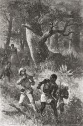 Stanley threatens to shoot a porter during the mutiny in Gombe, Africa, during his expedition in 1872, illustration from 'The World in the Hands', engraved by Charles Laplante (d.1903), published 1878 (engraving) | Obraz na stenu