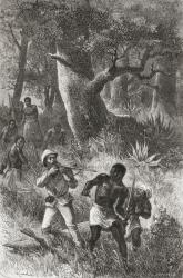 Stanley threatens to shoot a porter during the mutiny in Gombe, Africa, during his expedition in 1872, illustration from 'The World in the Hands', engraved by Charles Laplante (d.1903), published 1878 (engraving) | Obraz na stenu