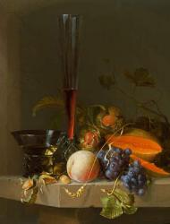 Still life of fruit on a ledge with a roemer and a wine glass | Obraz na stenu