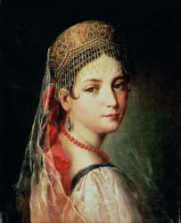 Portrait of a Young Girl in Sarafan and Kokoshnik, 1820s (oil on canvas) | Obraz na stenu