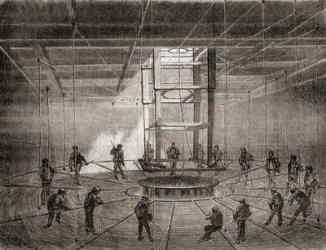 Sailors and workers coiling the transatlantic telegraph cable in the bilge tanks of the S.S. Great Eastern, 1865, from Les Merveilles de la Science, published c.1870 (engraving) | Obraz na stenu