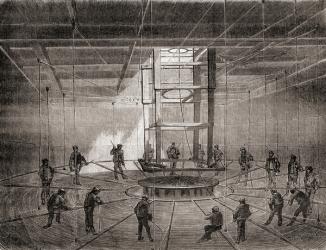 Sailors and workers coiling the transatlantic telegraph cable in the bilge tanks of the S.S. Great Eastern, 1865, from Les Merveilles de la Science, published c.1870 (engraving) | Obraz na stenu