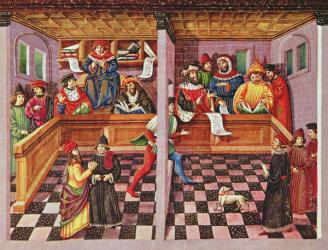 Ms Lat. 209 fol.8v Tribunal of the Scientists, from 'De Sphaera', c.1470 (vellum) | Obraz na stenu
