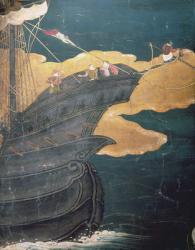 The Arrival of the Portuguese in Japan, detail of ship's prow, from a Namban Byobu screen, 1594-1618 (gouache on paper) | Obraz na stenu