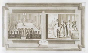 Scenes depicting an ambassadorial audience with the Czar of Russia and Muscovites declaring an oath, from 'La Galerie Agreable du Monde', 1729 (etching) | Obraz na stenu