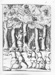 King Charles II (1630-85) hiding in an oak tree at Boscobel after his defeat at the Battle of Worcester in 1651, published 1660 (engraving) | Obraz na stenu