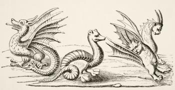 Dragons, after miniatures in the 14th century 'Book of the Marvels of the World', from 'Science and Literature in the Middle Ages' by Paul Lacroix, 1878 (litho) | Obraz na stenu