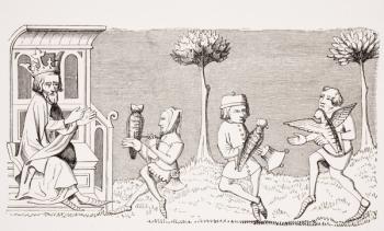 King Modus teaching the art of falconry, reproduction of a miniature in the 14th century manuscript 'Livre de Roy du Modus' by Henri de Ferrieres, from 'Le Moyen Age et La Renaissance' by Paul Lacroix (1806-84) published 1847 (litho) | Obraz na stenu