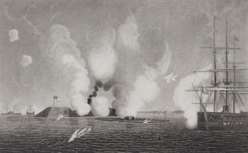 Combat between the Confederate CSS Virginia (left) and the Union USS Monitor (centre) on March 9th 1862 at Hampton Roads, Virginia (litho) (see 254609 for detail) | Obraz na stenu