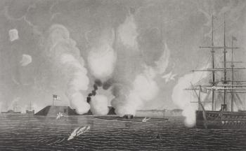 Combat between the Confederate CSS Virginia (left) and the Union USS Monitor (centre) on March 9th 1862 at Hampton Roads, Virginia (litho) (see 254609 for detail) | Obraz na stenu