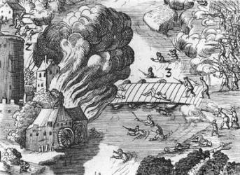 General view of the battle of Muhlberg, detail, 24th April 1547 (engraving) (b/w photo) (see also 217805, 217806, 217807) | Obraz na stenu
