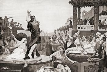 Alexander The Great assenting to set fire to the ancient palace of the Persian kings in Persepolis in 330BC. Alexander III of Macedon, 356 BC  323 BC, aka Alexander the Great, king of Macedon. From Hutchinson's History of the Nations, published 1915. | Obraz na stenu