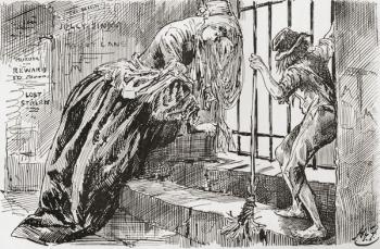 Lady Dedlock and Jo. "He was put there," says Jo, holding to the bars and looking in, while Lady Dedlock shrinks into a corner. Illustration by Harry Furniss for the Charles Dickens novel Bleak House, from The Testimonial Edition, published 1910. | Obraz na stenu