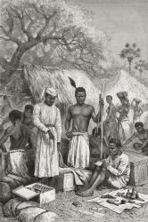 Abdullah Souzi, Jacob Wainright and James Chouma, Dr. David Livingstone's three servants, taking stock of his belongings after his death in 1873, illustration from 'The World in the Hands', engraved by Charles Barbant (d.1922), published 1878 (engraving) | Obraz na stenu