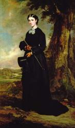 Young woman wearing a black riding habit and standing in a landscape | Obraz na stenu