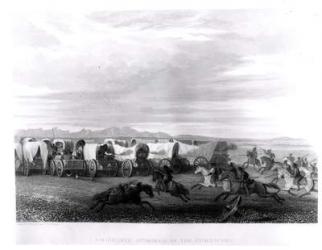 Emigrants attacked by the Comanches, engraved by John Smith (engraving) (b&w photo) | Obraz na stenu