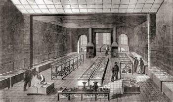 The workshop containing the chemical baths in Charles Christofle's electroplating plant, Paris, France in 1867, from Les Merveilles de la Science, published c.1870 (engraving) | Obraz na stenu