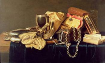 Still Life of a Jewellery Casket, Books and Oysters (oil on panel) | Obraz na stenu