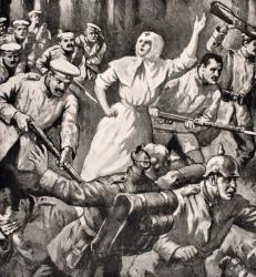 Russian nurse Mira Miksailovitch Ivanoff leading men against Germans, 1915, from 'The War Illustrated Album deLuxe' published in London, 1916 (litho) | Obraz na stenu