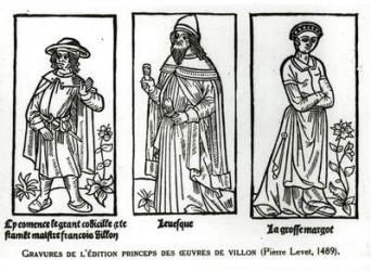 Francois Villon (1431-63) Bishop Thibaud d'Auxigny and Le Grosse Margor, from 'Oeuvres' by Francois Villon, pub. 1489 (woodcut) (b/w photo) | Obraz na stenu