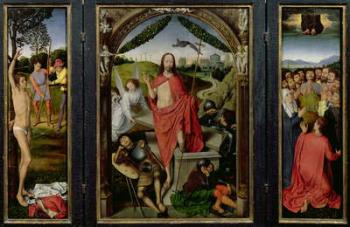 Triptych of the Resurrection: The Resurrection (centre) The Martyrdom of St. Sebastian (left) and The Ascension (right) c.1485-90 (oil on panel) | Obraz na stenu