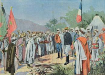 General Lyautey (1854-1934) receiving the surrender of a rebel tribe in Morocco, from 'Le Petit Parisien', 1912 (colour litho) | Obraz na stenu