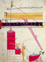 Device for supplying water to a fountain, from 'Book of Knowledge of Ingenious Mechanical Devices' by Al-Djazari, 1206 (vellum) | Obraz na stenu