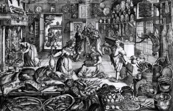 Kitchen Interior (engraving) (b/w photo) | Obraz na stenu