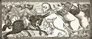 How Alexander did battle with white lions as big as bulls, after a miniature in a 13th century manuscript, from 'Science and Literature in the Middle Ages', by Paul Lacroix, 1878 (litho) | Obraz na stenu