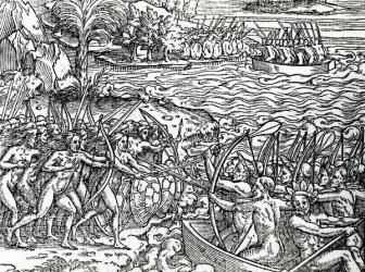 War scene, Brazil, illustration from 'Singularities of France Antarctique', by Andre de Thevet, 1558 (woodcut) | Obraz na stenu