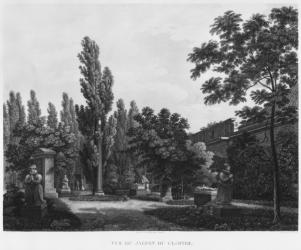 Garden of the cloister, Musee des Monuments Francais, Paris, illustration from 'Vues pittoresques et perspectives des salles du Musee des Monuments Francais et des principaux ouvrages...', engraved by Jean Baptiste Baptiste Reville (1767-1825) and Lavalee | Obraz na stenu