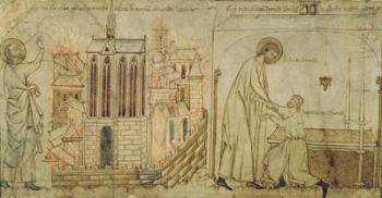 St. Eligius saving the Church of St. Martial from fire and curing a crippled man in the Church of St. Denis, from 'La Vie de Saint Eloi', c.1250 (vellum) | Obraz na stenu