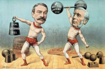 Goschen and Ritchie, the Champion Weight Lifters, Now Appearing with Terrific Success at the Westminster Beer Garden, from 'St. Stephen's Review Presentation Cartoon', 14 April 1888 (colour litho) | Obraz na stenu