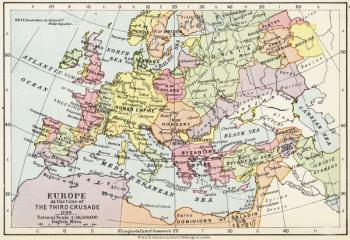Map of Europe at the time of the Third Crusade, 1190, from 'Historical Atlas', published by W. & A.K. Johnston Limited, 1911 (colour litho) | Obraz na stenu