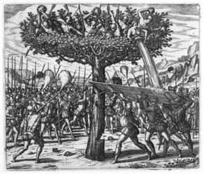 Indians in a Tree Hurling Projectiles at the Spanish (engraving) (b/w photo) | Obraz na stenu