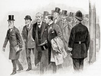 Prime Minister Balfour leaving the House of Commons, London, England. Arthur James Balfour, 1st Earl of Balfour, 1848  1930. British Conservative politician and Prime Minister of the United Kingdom. From Living London, published c.1901 | Obraz na stenu
